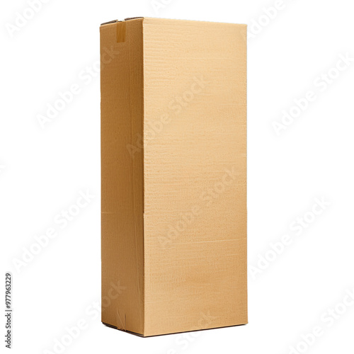 Tall cardboard box standing upright on a white background, representing shipping and delivery photo