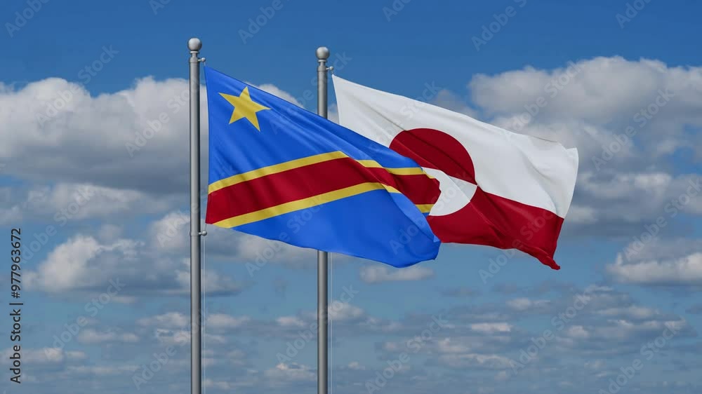Greenland and Democratic Republic of the Congo flags flying together, video concept of the relationship, two country relations concept Greenland and Democratic Republic of the Congo flags flying together, video concept of the relationship, two country relations concept