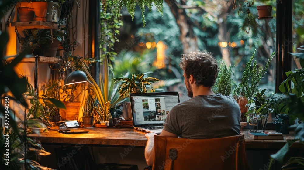 Man working on laptop in a cozy home office with plants and warm lighting Man working on laptop in a cozy home office with plants and warm lighting