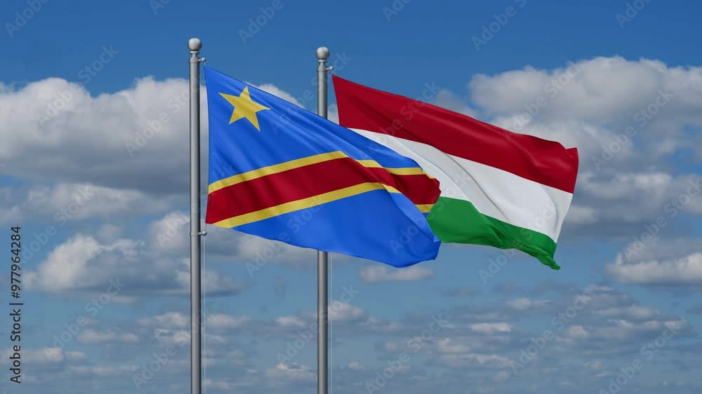 Hungary and Democratic Republic of the Congo flags flying together, video concept of the relationship, two country relations concept Hungary and Democratic Republic of the Congo flags flying together, video concept of the relationship, two country relations concept