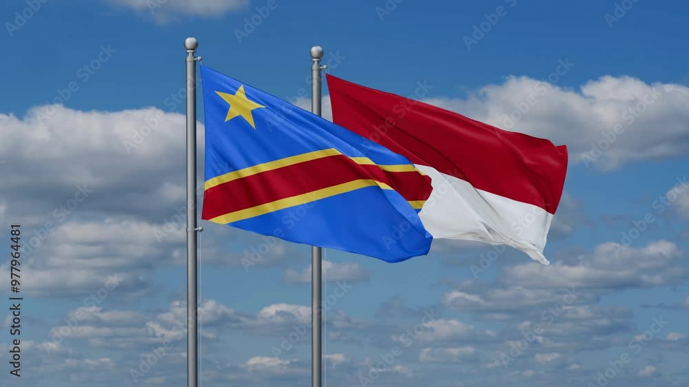 Indonesia and Democratic Republic of the Congo flags flying together, video concept of the relationship, two country relations concept Indonesia and Democratic Republic of the Congo flags flying together, video concept of the relationship, two country relations concept