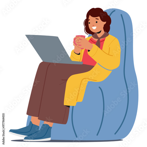 Smiling Businesswoman Sits Comfortably On Chair Holding Coffee Mug While Working On Laptop Isolated on White Background