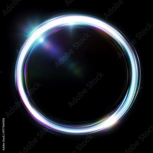 Glowing Neon Light Circle on Black Background with Lens Flares