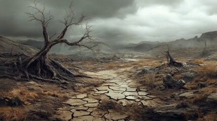 Leinwandbilder Khaki A Desolate Path Through a Barren Landscape with a Dead Tree  © Rere_Art151