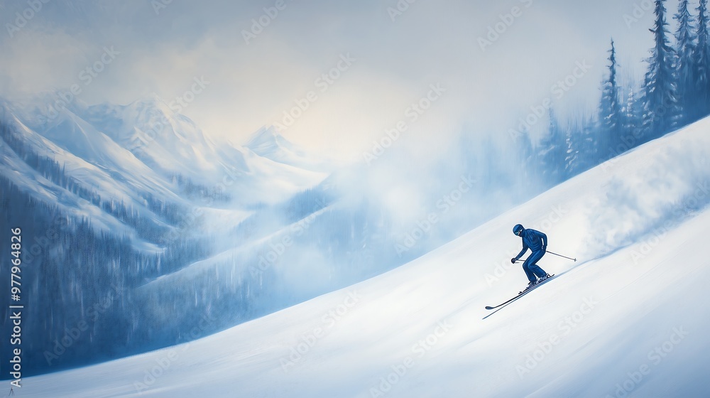 Lone Skier Descending Snowy Slope in Misty Winter Landscape Lone Skier Descending Snowy Slope in Misty Winter Landscape