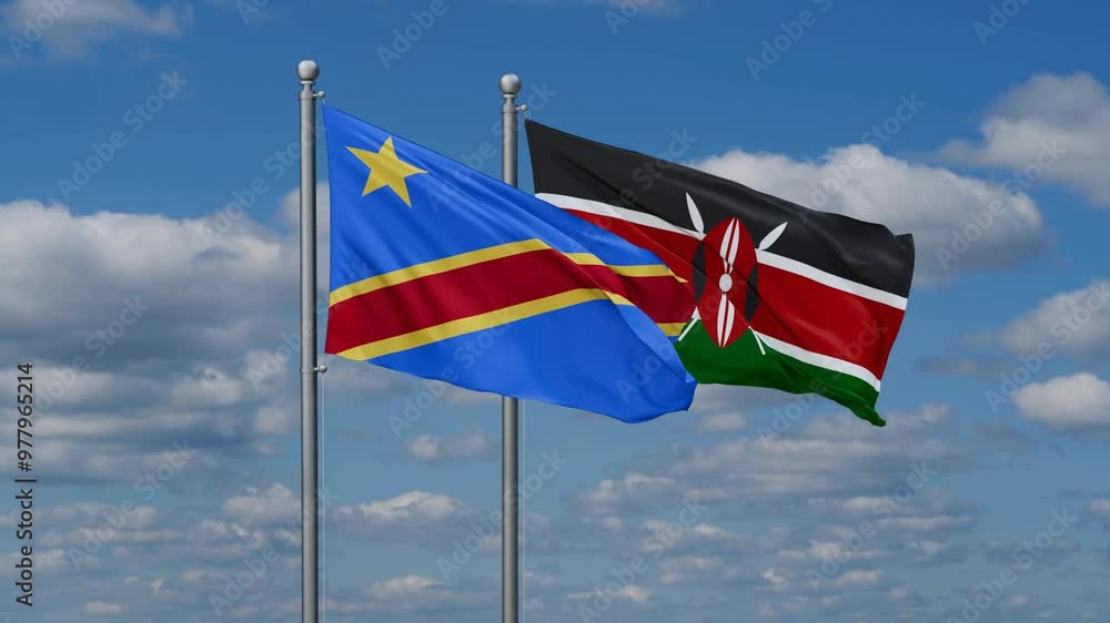 Kenya and Democratic Republic of the Congo flags flying together, video concept of the relationship, two country relations concept Kenya and Democratic Republic of the Congo flags flying together, video concept of the relationship, two country relations concept
