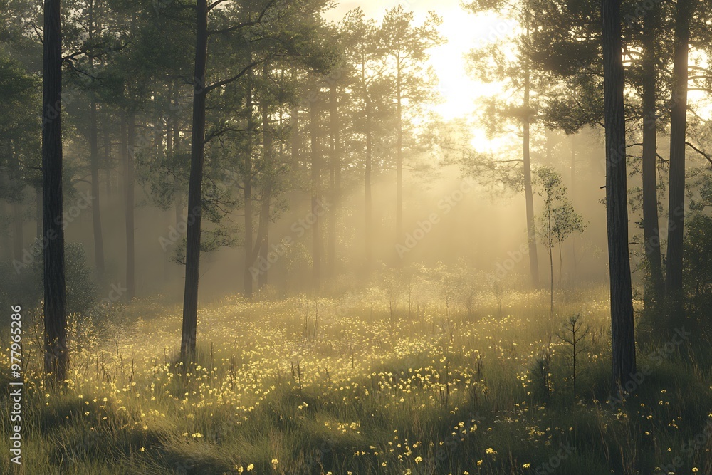 Sun rays through the forest trees in the mist, nature scenery background Sun rays through the forest trees in the mist, nature scenery background