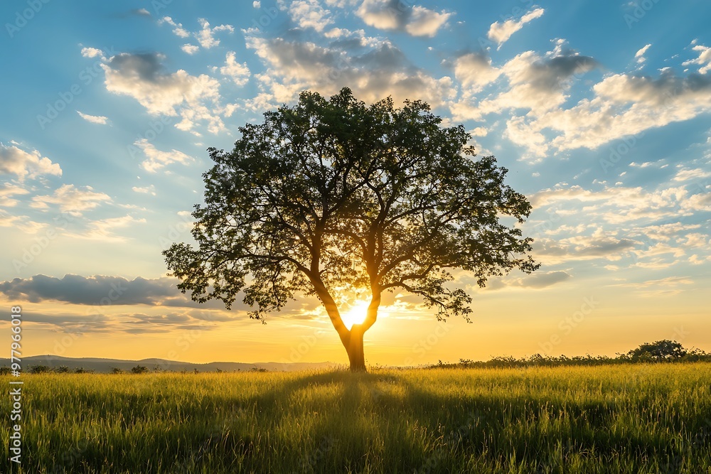 Fototapeta premium Silhouette of a tree in a field with sunset sky