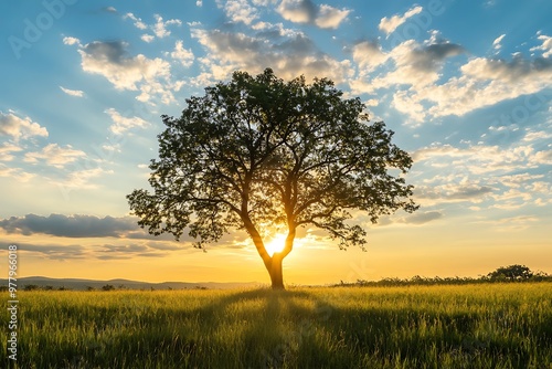 Silhouette of a tree in a field with sunset sky