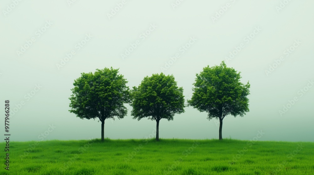 Fototapeta premium Solitary trees in a natural green field. Beautiful nature trees in minimalist style on a green grass field.