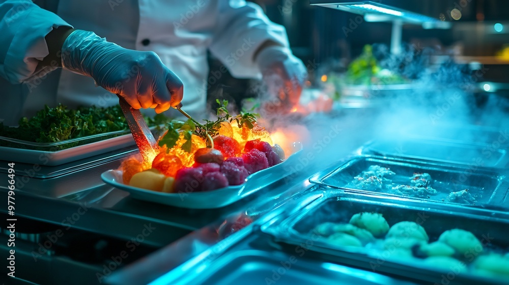 A futuristic food service environment professional chefs utilize advanced cooking technologies like 3D food printing and smart ovens crafting intricate dishes with precision and creativity