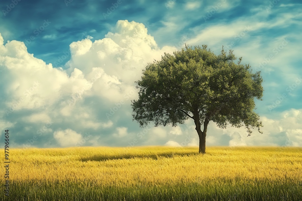 Lone Tree in a Golden Field with Blue Sky and Fluffy Clouds Lone Tree in a Golden Field with Blue Sky and Fluffy Clouds