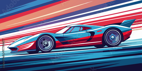 A dynamic illustration of a sleek sports car speeding across a blurred background, capturing the thrill of speed and power. Perfect for automotive enthusiasts, racing fans.