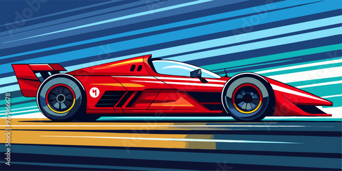 A vibrant, stylized illustration of a red race car speeding across a blurred track. The dynamic lines and bold colors create a sense of motion and excitement, capturing the thrill of motorsports.