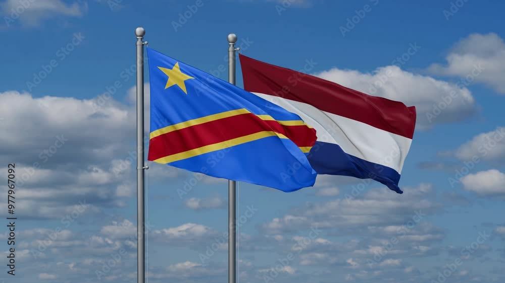 Netherlands and Democratic Republic of the Congo flags flying together, video concept of the relationship, two country relations concept Netherlands and Democratic Republic of the Congo flags flying together, video concept of the relationship, two country relations concept