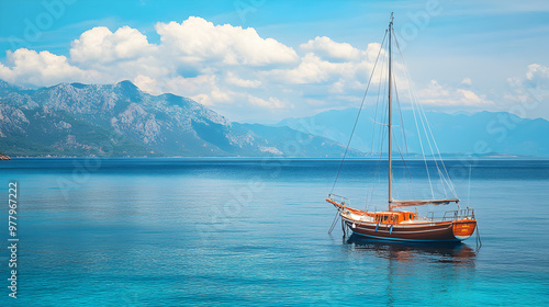 Traditional sailboat in the Mediterranean with vibrant blue waters and distant mountains


