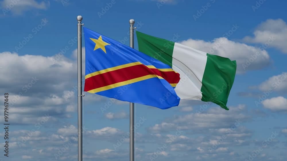 Nigeria and Democratic Republic of the Congo flags flying together, video concept of the relationship, two country relations concept Nigeria and Democratic Republic of the Congo flags flying together, video concept of the relationship, two country relations concept
