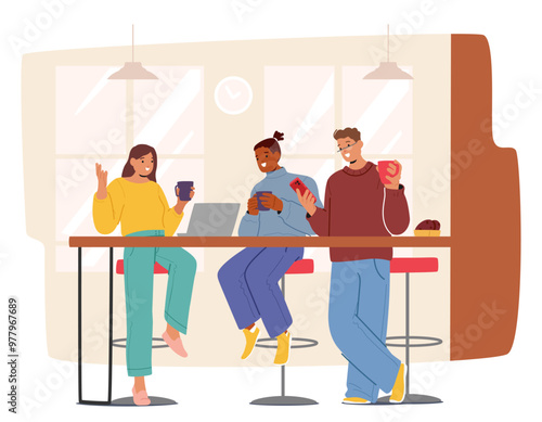 Colleagues Enjoying A Relaxing Coffee Break In A Modern Office Sharing Laughter And Conversation, Vector Illustration