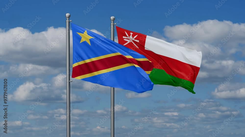 Oman and Democratic Republic of the Congo flags flying together, video concept of the relationship, two country cooperation concept Oman and Democratic Republic of the Congo flags flying together, video concept of the relationship, two country cooperation concept