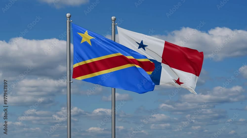 Panama and Democratic Republic of the Congo flags flying together, video concept of the relationship, two country relations concept Panama and Democratic Republic of the Congo flags flying together, video concept of the relationship, two country relations concept