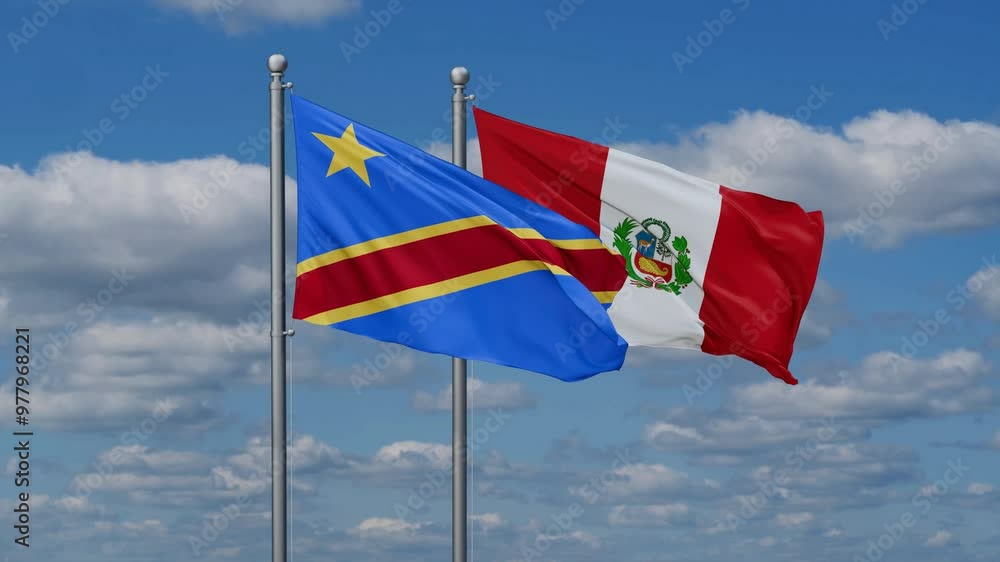 Peru and Democratic Republic of the Congo flags flying together, video concept of the relationship, two country cooperation concept Peru and Democratic Republic of the Congo flags flying together, video concept of the relationship, two country cooperation concept