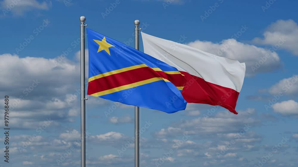 Poland and Democratic Republic of the Congo flags flying together, video concept of the relationship, two country cooperation concept Poland and Democratic Republic of the Congo flags flying together, video concept of the relationship, two country cooperation concept