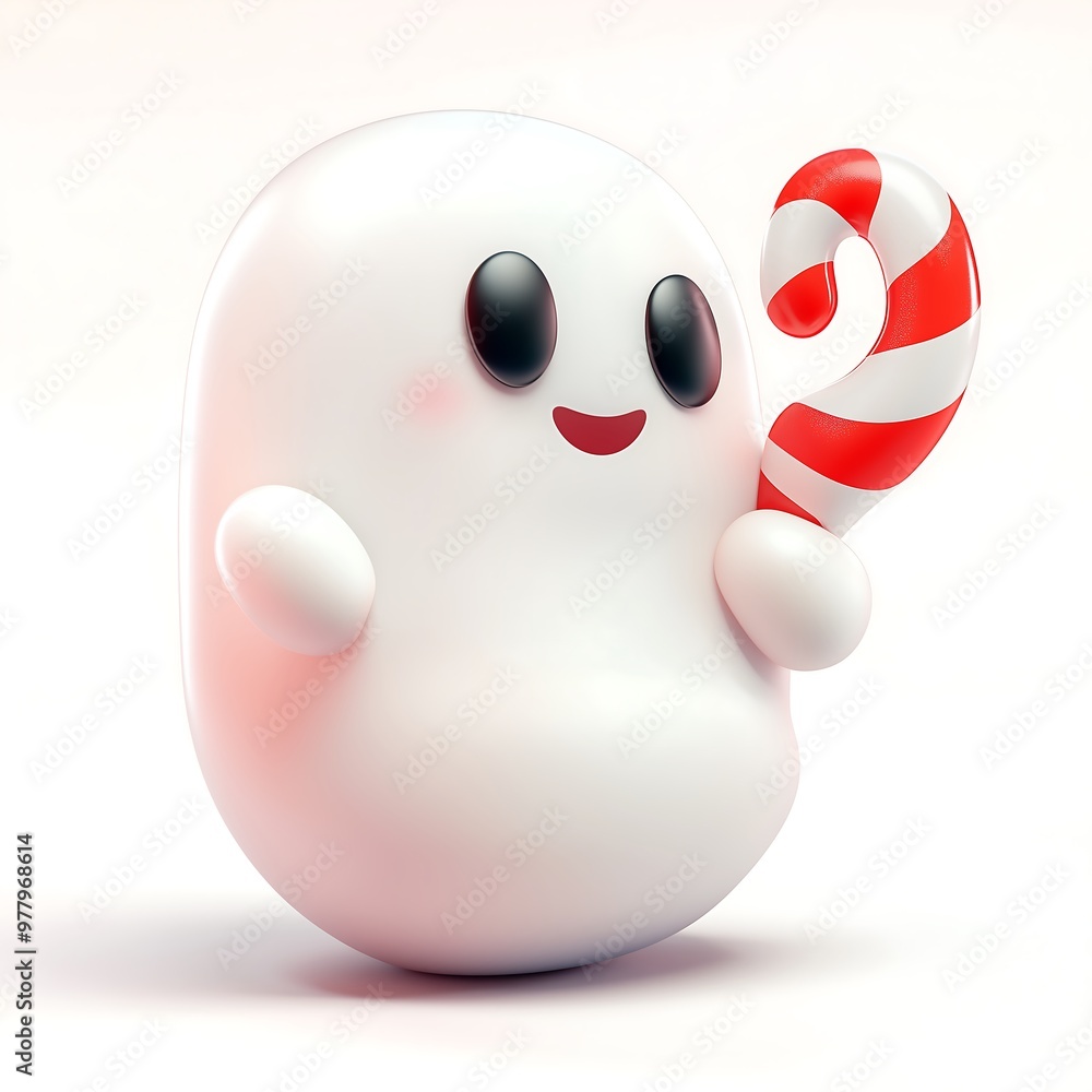 Cute Cartoon Ghost Holding Candy Cane with Big Smile Cute Cartoon Ghost Holding Candy Cane with Big Smile