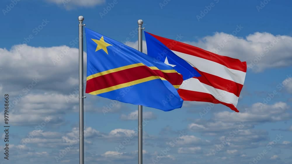 Puerto Rico and Democratic Republic of the Congo flags flying together, video concept of the relationship, two country cooperation concept Puerto Rico and Democratic Republic of the Congo flags flying together, video concept of the relationship, two country cooperation concept