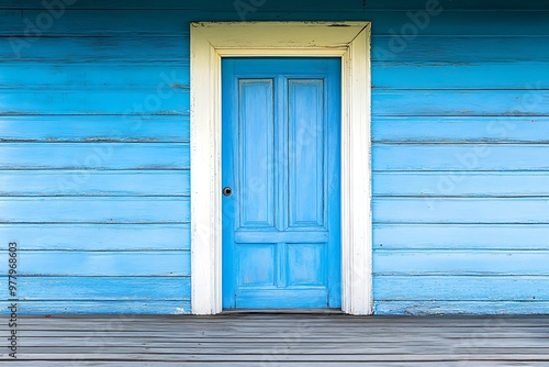 Blue door and wooden porch, front entrance of a blue house