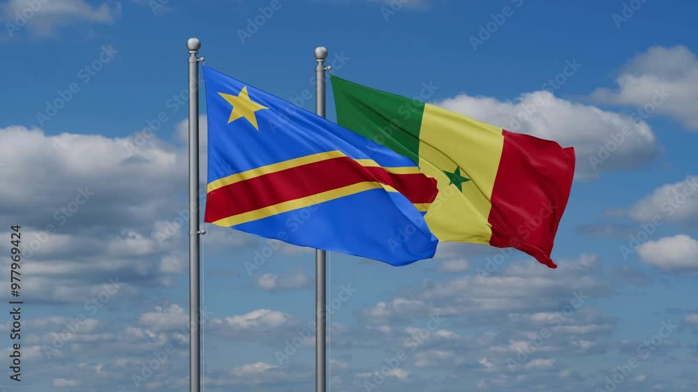 Republic of Senegal and Democratic Republic of the Congo flags flying together, video concept of the relationship, two country cooperation concept Republic of Senegal and Democratic Republic of the Congo flags flying together, video concept of the relationship, two country cooperation concept