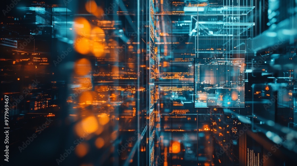 Fototapeta premium Abstract data visualization with glowing digital elements in orange and blue