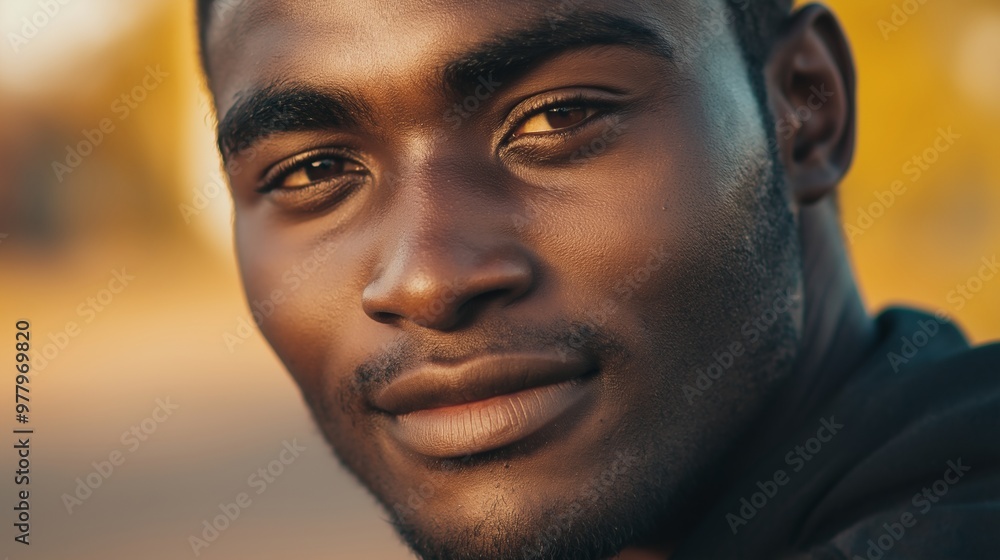 Young black man smiles in the warm evening sun, radiating positivity and joy Young black man smiles in the warm evening sun, radiating positivity and joy