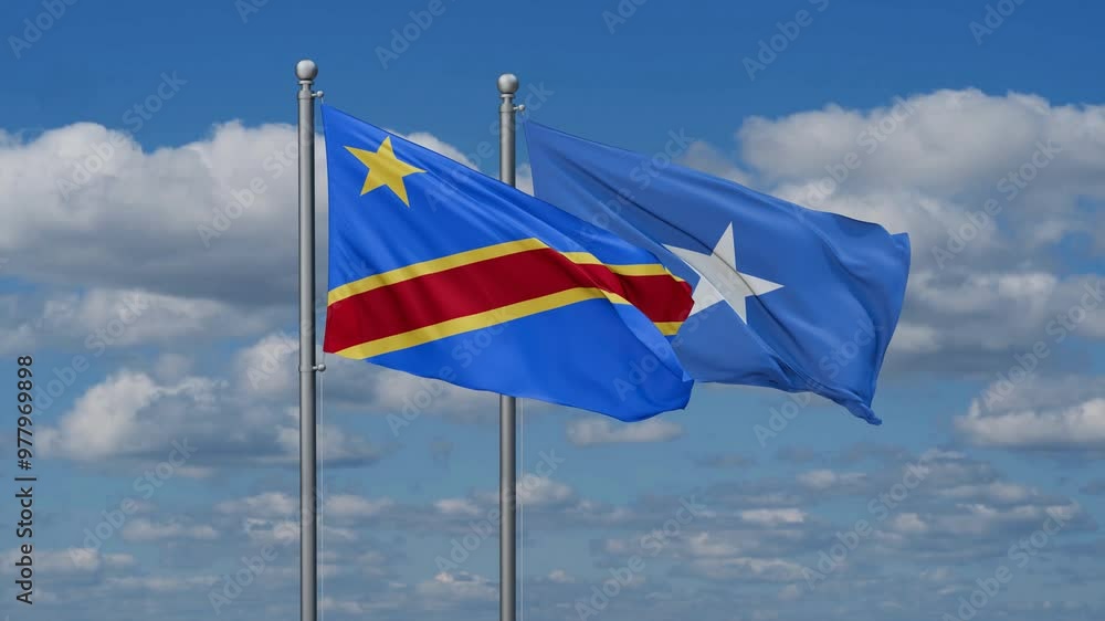 Somalia and Democratic Republic of the Congo flags flying together, video concept of the relationship, two country cooperation concept Somalia and Democratic Republic of the Congo flags flying together, video concept of the relationship, two country cooperation concept