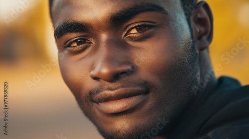 Young black man smiles in the warm evening sun, radiating positivity and joy