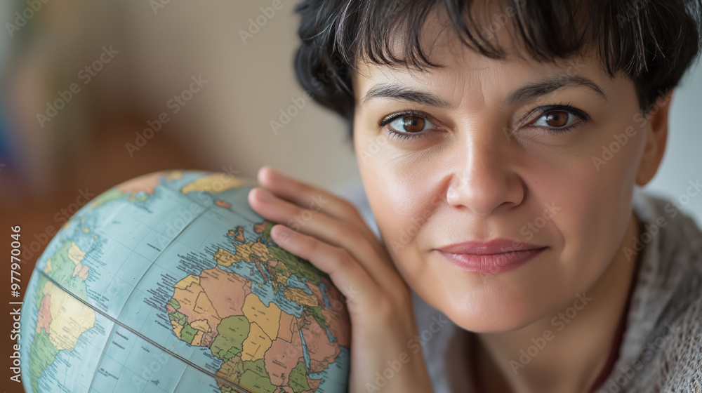 Woman holds a globe, lost in thought, dreaming of travel. Her eyes show hope and wonder, eager to explore new places Woman holds a globe, lost in thought, dreaming of travel. Her eyes show hope and wonder, eager to explore new places