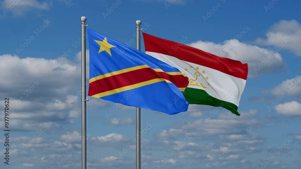 Tajikistan and Democratic Republic of the Congo two flags waving together, video concept of the relationship, two country cooperation concept Tajikistan and Democratic Republic of the Congo two flags waving together, video concept of the relationship, two country cooperation concept