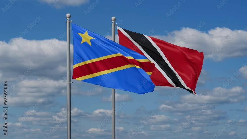 Trinidad and Tobago and Democratic Republic of the Congo flags flying together, video concept of the relationship, two country cooperation concept Trinidad and Tobago and Democratic Republic of the Congo flags flying together, video concept of the relationship, two country cooperation concept