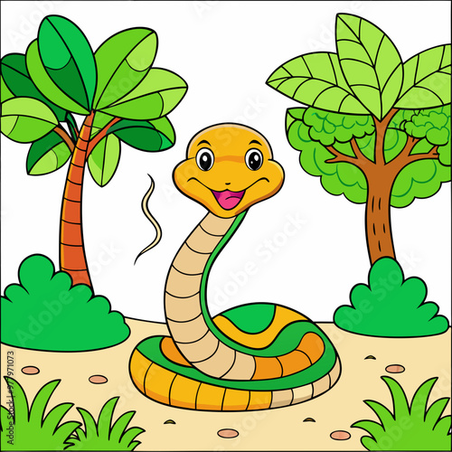 A happy cute animals COBRA, a tree and the jungle, color outline on white background for kids coloring book or page. 