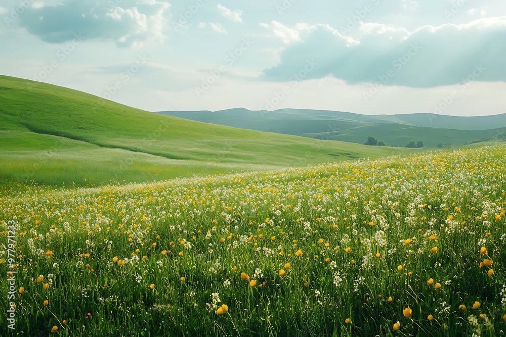 Fototapeta premium Rolling green hills with wildflowers under blue sky and fluffy clouds, spring nature landscape photo