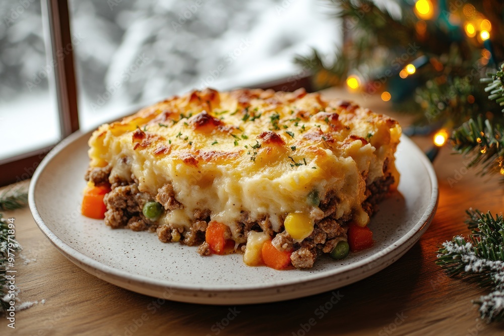 A warm plate of shepherd’s pie with bubbling cheese, set in a cozy kitchen with holiday lights and snow-covered trees visible through the window A warm plate of shepherd’s pie with bubbling cheese, set in a cozy kitchen with holiday lights and snow-covered trees visible through the window