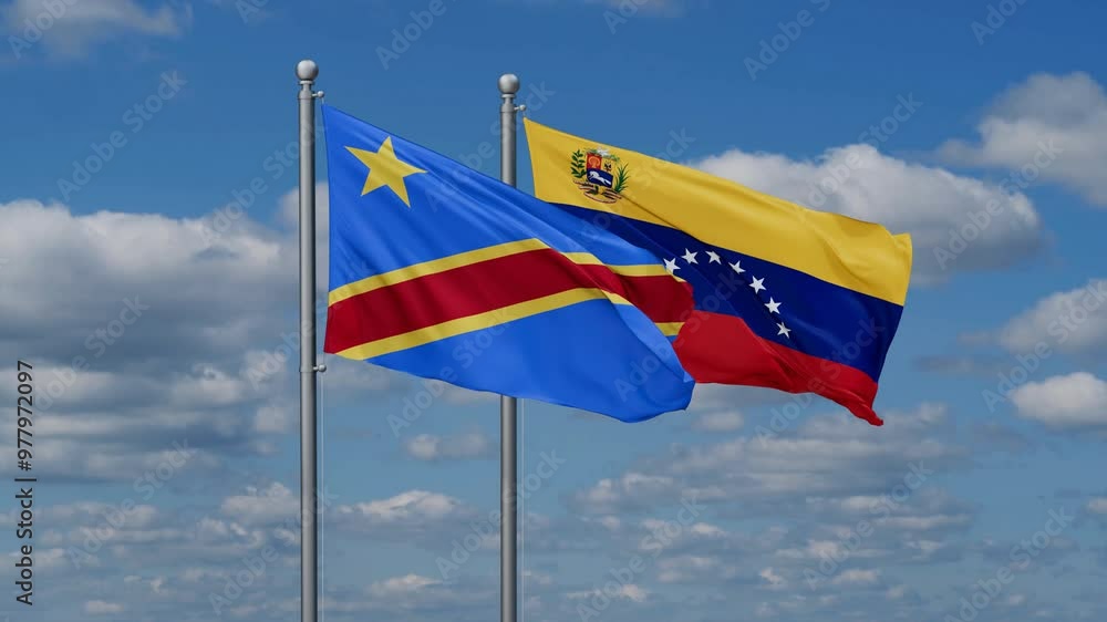 Venezuela and Democratic Republic of the Congo flags flying together, video concept of the relationship Venezuela and Democratic Republic of the Congo flags flying together, video concept of the relationship