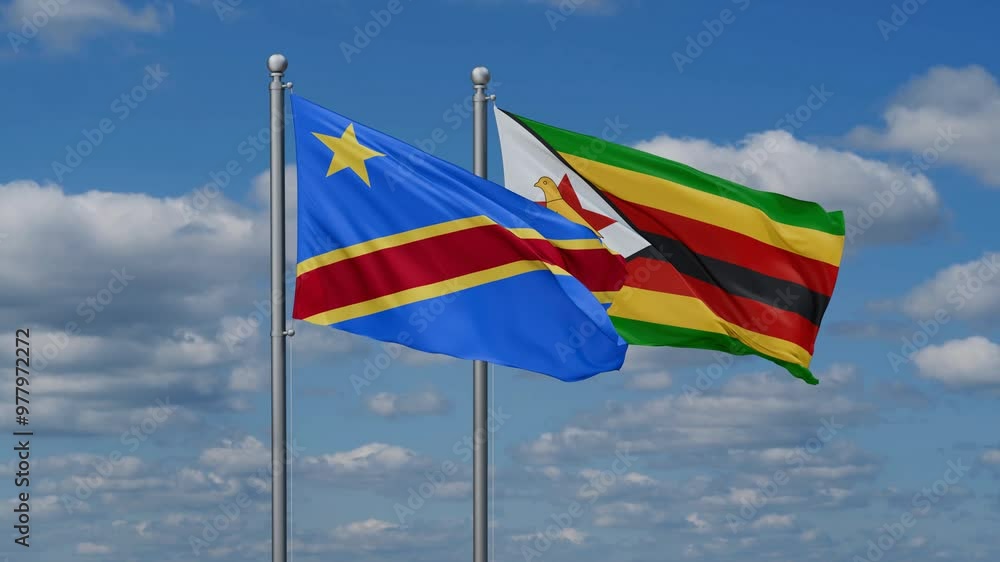 Zimbabwe and Democratic Republic of the Congo flags flying together, video concept of the relationship, two country cooperation concept Zimbabwe and Democratic Republic of the Congo flags flying together, video concept of the relationship, two country cooperation concept