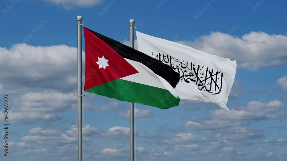 Jordan and Afghanistan flags flying together, video concept of the relationship Jordan and Afghanistan flags flying together, video concept of the relationship
