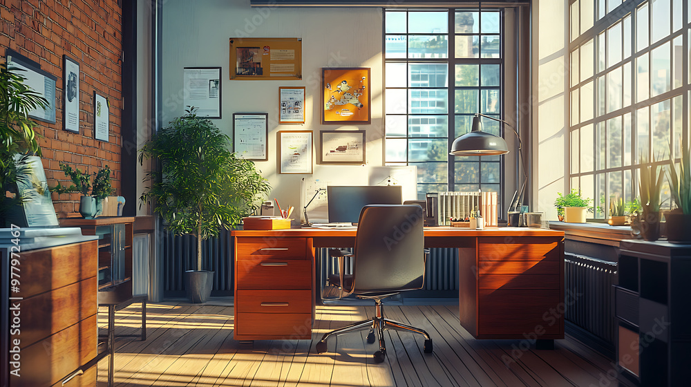Fototapeta premium Bright and modern office interior featuring a wooden desk, plants, and large windows, creating a productive workspace.