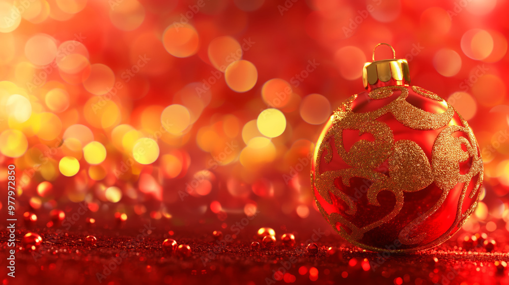 One Christmas ball on red and gold festive bokeh background with copy space One Christmas ball on red and gold festive bokeh background with copy space