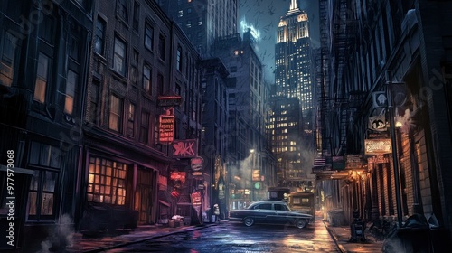 A dark and narrow city street with a classic car and a towering skyscraper in the distance