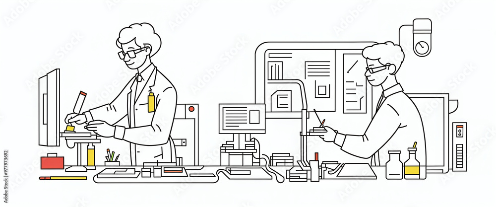 Illustrative abstract depiction in fine line drawing of a scientist performing scientific experiments in a laboratory Illustrative abstract depiction in fine line drawing of a scientist performing scientific experiments in a laboratory