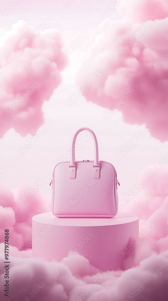 Elegant pink handbag on pedestal surrounded by dreamy clouds Elegant pink handbag on pedestal surrounded by dreamy clouds