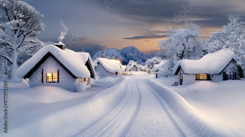 A snowy road leading to a small village with snow covered houses, AI