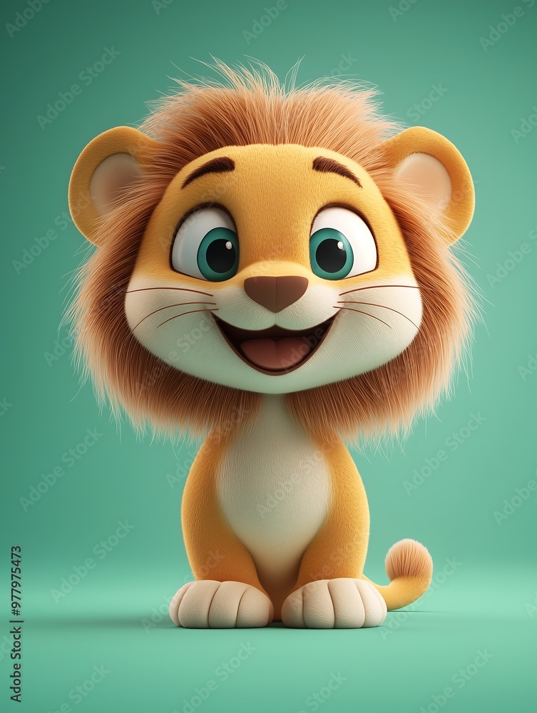 Adorable 3D cartoon lion sitting happily on a green background Adorable 3D cartoon lion sitting happily on a green background